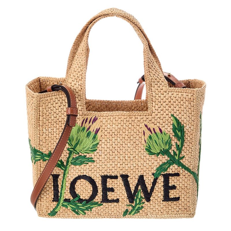 Loewe Logo Small Raffia & Leather Tote, Beige